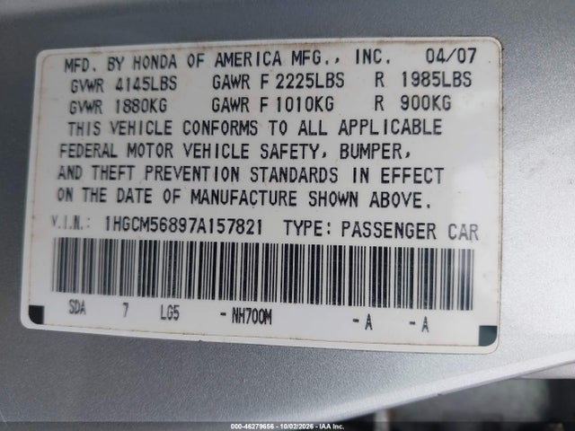 Продаж на аукціоні авто 2007 Honda Accord 2.4 Ex, vin: 1HGCM56897A157821, номер лоту: 46279656
