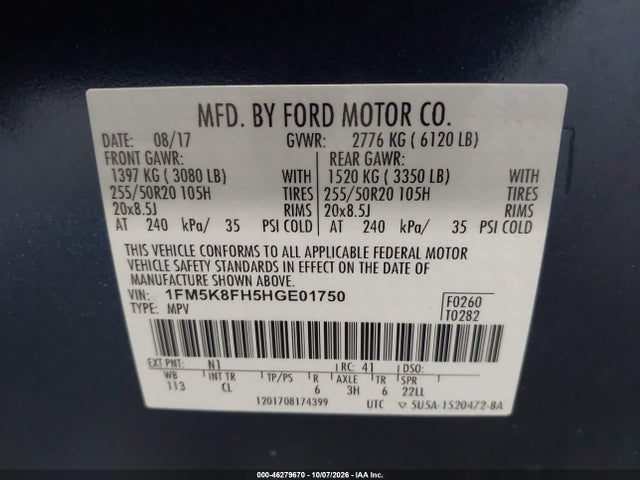 Продажа на аукционе авто 2017 Ford Explorer Limited, vin: 1FM5K8FH5HGE01750, номер лота: 46279670