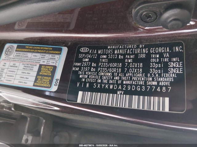 Продаж на аукціоні авто 2013 Kia Sorento Sx V6, vin: 5XYKWDA29DG377487, номер лоту: 46279674