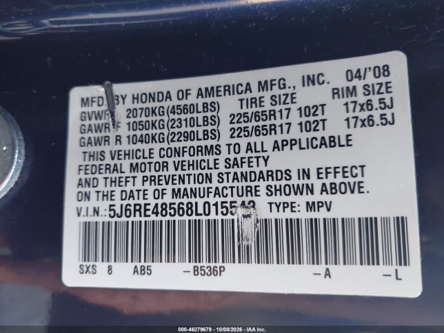 Продаж на аукціоні авто 2008 Honda Cr-v Ex, vin: 5J6RE48568L015543, номер лоту: 46279679