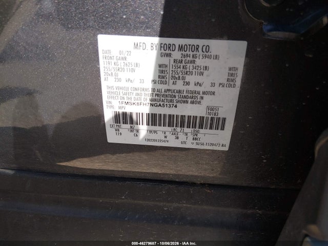 Aukcja sprzedaży 2022 Ford Explorer Limited, vin: 1FMSK8FH7NGA51374, numer aukcji: 46279687