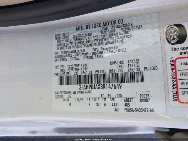 2011 Ford Fusion Sel მანქანა იყიდება აუქციონზე, vin: 3FAHP0JAXBR147649, აუქციონის ნომერი: 46279695