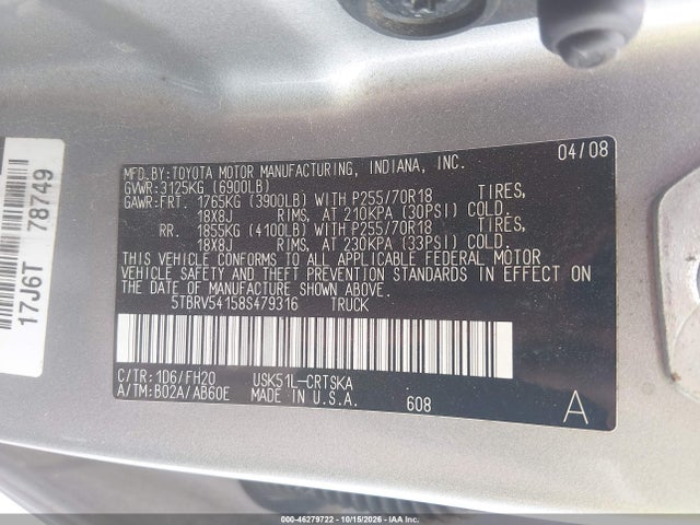 2008 Toyota Tundra Base 5.7l V8 მანქანა იყიდება აუქციონზე, vin: 5TBRV54158S479316, აუქციონის ნომერი: 46279722