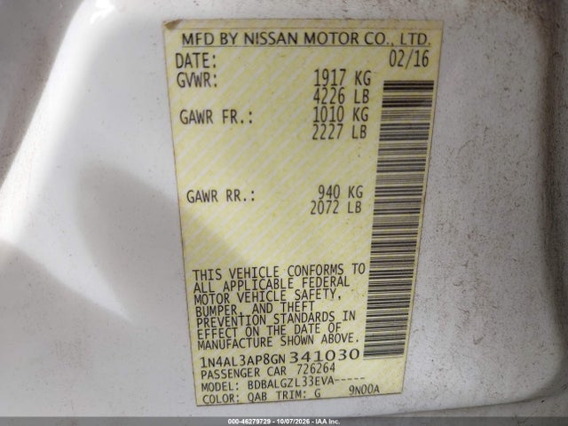 Aukcja sprzedaży 2016 Nissan Altima 2.5/2.5 S/2.5 Sl/2.5 Sr/2.5 Sv, vin: 1N4AL3AP8GN341030, numer aukcji: 46279729