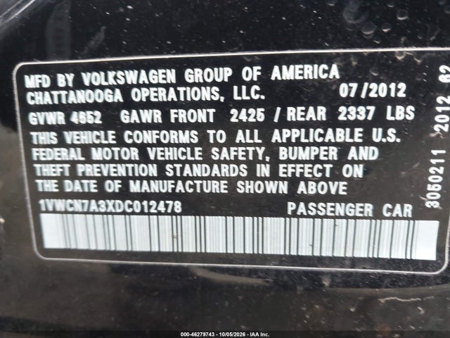 Продажа на аукционе авто 2013 Volkswagen Passat 2.0l Tdi Sel Premium, vin: 1VWCN7A3XDC012478, номер лота: 46279743