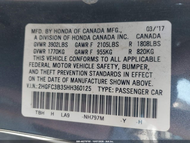 46279780 :رقم المزاد ، 2HGFC3B35HH360125 vin ، 2017 Honda Civic Ex-t مزاد بيع