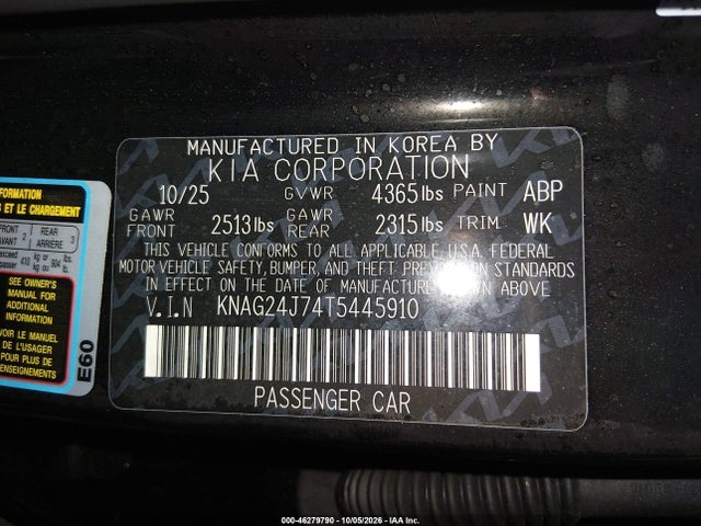 Aukcja sprzedaży 2026 Kia K5 Lxs Fwd, vin: KNAG24J74T5445910, numer aukcji: 46279790