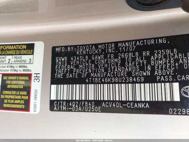 Aukcja sprzedaży 2008 Toyota Camry Le, vin: 4T1BE46K98U238469, numer aukcji: 46279816