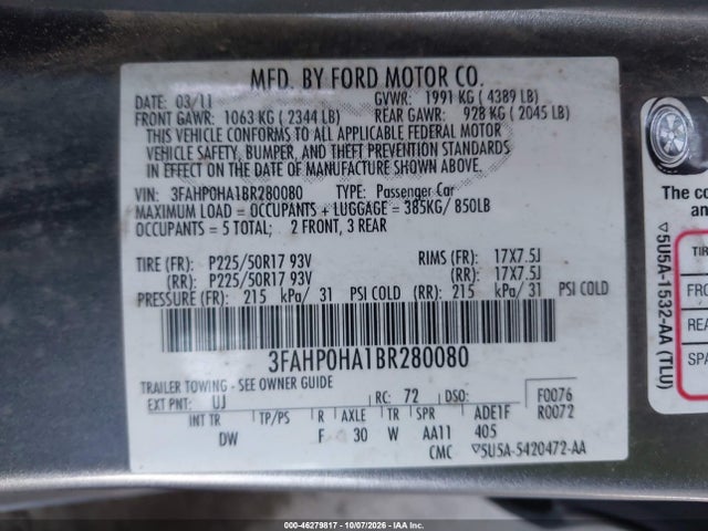 Aukcja sprzedaży 2011 Ford Fusion Se, vin: 3FAHP0HA1BR280080, numer aukcji: 46279817