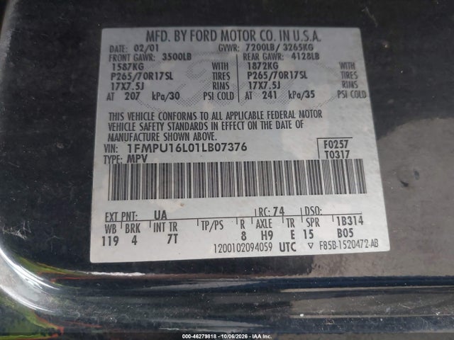 Продажа на аукционе авто 2001 Ford Expedition Xlt, vin: 1FMPU16L01LB07376, номер лота: 46279818