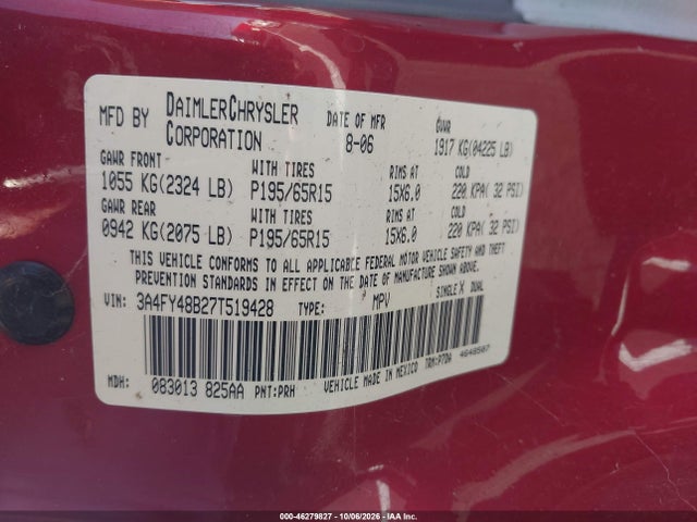 46279827 :رقم المزاد ، 3A4FY48B27T519428 vin ، 2007 Chrysler Pt Cruiser مزاد بيع