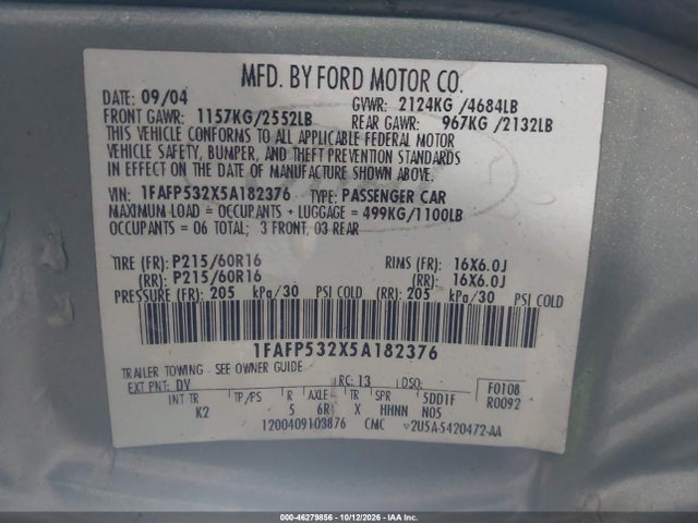Продажа на аукционе авто 2005 Ford Taurus Se, vin: 1FAFP532X5A182376, номер лота: 46279856