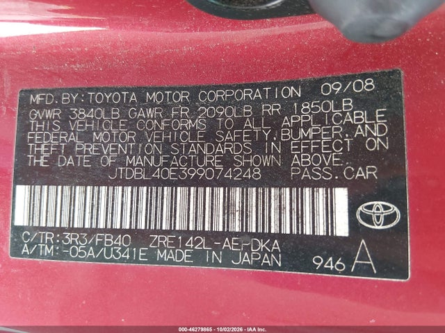 2009 Toyota Corolla Le მანქანა იყიდება აუქციონზე, vin: JTDBL40E399074248, აუქციონის ნომერი: 46279865