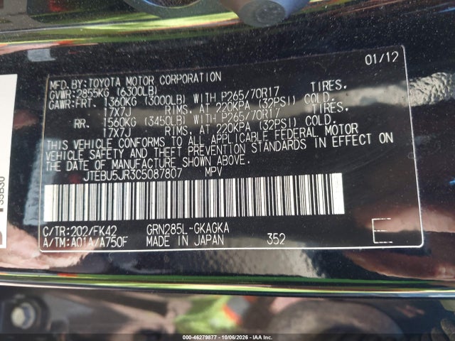 46279877 :رقم المزاد ، JTEBU5JR3C5087807 vin ، 2012 Toyota 4runner Sr5 مزاد بيع