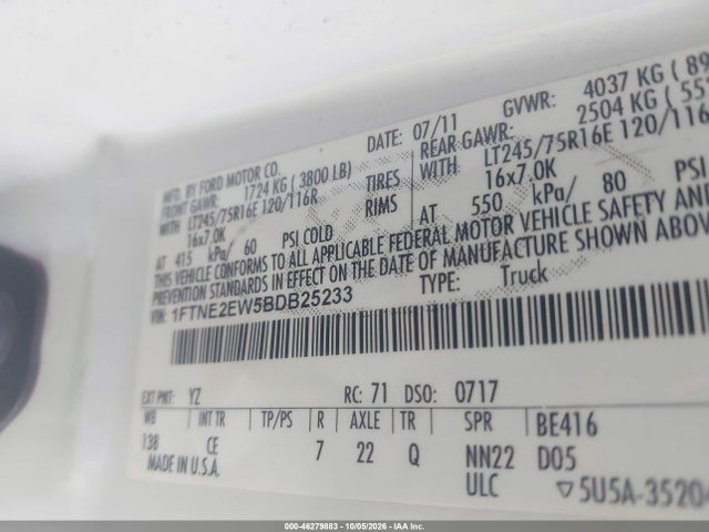 46279883 :رقم المزاد ، 1FTNE2EW5BDB25233 vin ، 2011 Ford E-250 Commercial مزاد بيع