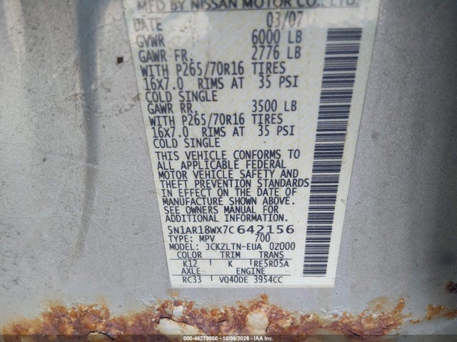 46279900 :رقم المزاد ، 5N1AR18WX7C642156 vin ، 2007 Nissan Pathfinder Se مزاد بيع