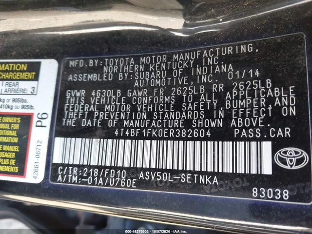 Продажа на аукционе авто 2014 Toyota Camry Le, vin: 4T4BF1FK0ER382604, номер лота: 46279903