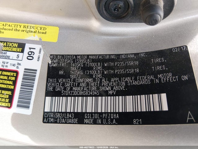 46279923 :رقم المزاد ، 5TDYZ3DC8HS834945 vin ، 2017 Toyota Sienna Limited Premium 7 Passenger مزاد بيع