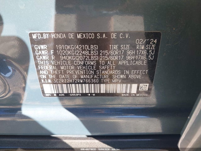 2024 Honda Hr-v Awd Ex-l/awd Ex-l W/o Bsi მანქანა იყიდება აუქციონზე, vin: 3CZRZ2H72RM766360, აუქციონის ნომერი: 46279928
