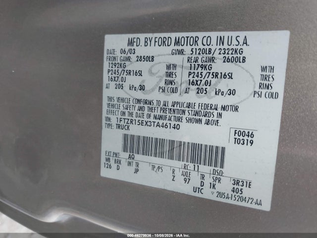 46279936 :رقم المزاد ، 1FTZR15EX3TA46140 vin ، 2003 Ford Ranger Xlt مزاد بيع