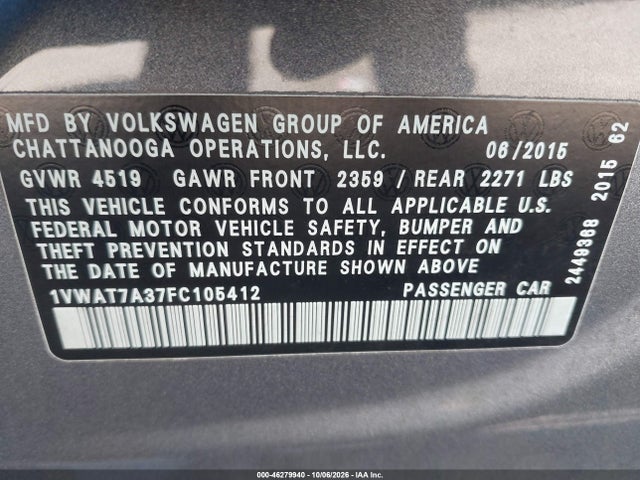 Aukcja sprzedaży 2015 Volkswagen Passat 1.8t Limited Edition, vin: 1VWAT7A37FC105412, numer aukcji: 46279940