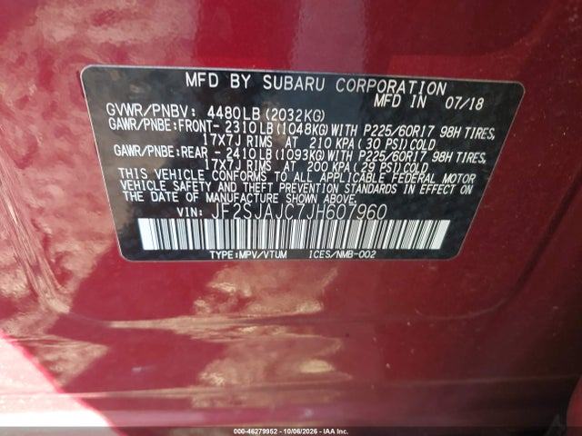 46279952 :رقم المزاد ، JF2SJAJC7JH607960 vin ، 2018 Subaru Forester 2.5i Limited مزاد بيع