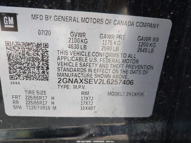 Aukcja sprzedaży 2020 Chevrolet Equinox Awd Ls, vin: 2GNAXSEV2L6257406, numer aukcji: 46279960