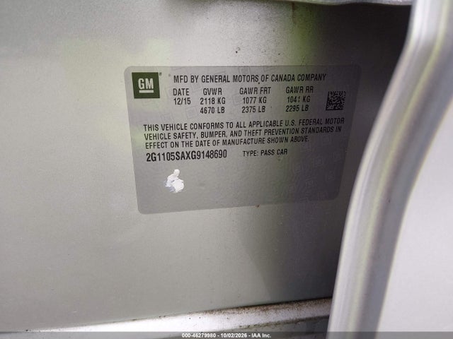 46279980 :رقم المزاد ، 2G1105SAXG9148690 vin ، 2016 Chevrolet Impala 1lt مزاد بيع