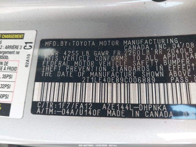 Продажа на аукционе авто 2009 Toyota Matrix S, vin: 2T1LE40E89C006889, номер лота: 46279982
