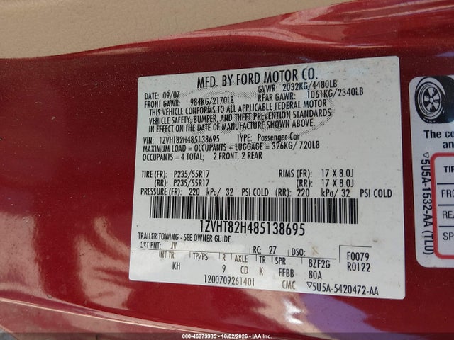 2008 Ford Mustang Gt Deluxe/gt Premium მანქანა იყიდება აუქციონზე, vin: 1ZVHT82H485138695, აუქციონის ნომერი: 46279985