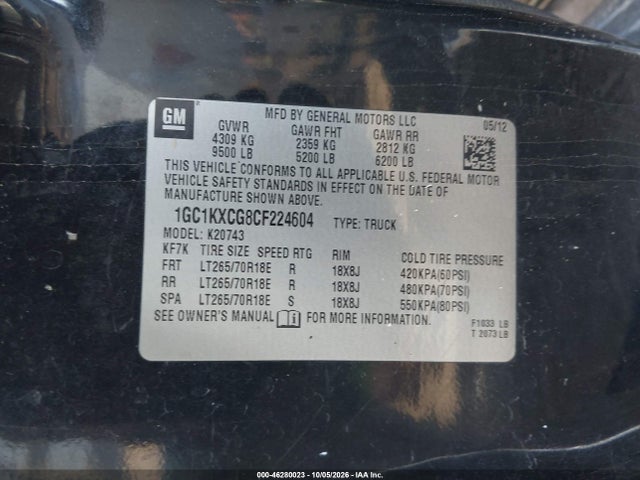 Aukcja sprzedaży 2012 Chevrolet Silverado 2500hd Lt, vin: 1GC1KXCG8CF224604, numer aukcji: 46280023