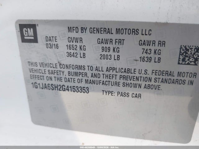 Aukcja sprzedaży 2016 Chevrolet Sonic Ls Auto, vin: 1G1JA6SH2G4153353, numer aukcji: 46280049