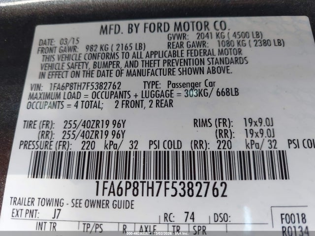 Продажа на аукционе авто 2015 Ford Mustang Ecoboost, vin: 1FA6P8TH7F5382762, номер лота: 46280057