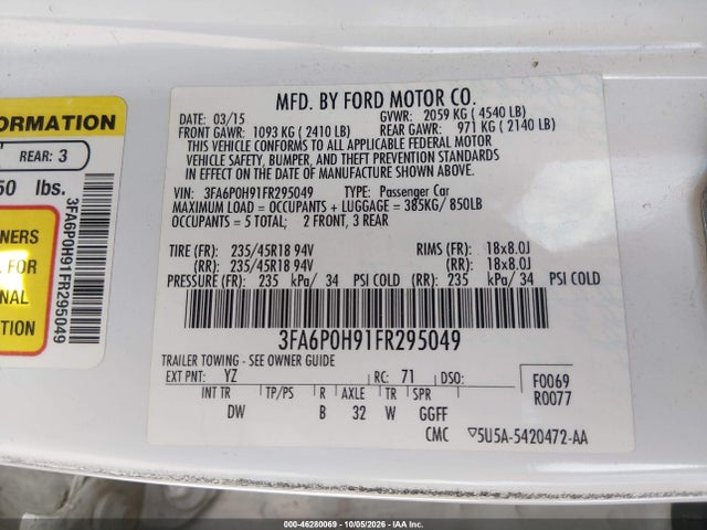 46280069 :رقم المزاد ، 3FA6P0H91FR295049 vin ، 2015 Ford Fusion Se مزاد بيع