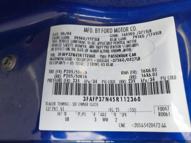 Продаж на аукціоні авто 2005 Ford Focus Zx5, vin: 3FAFP37N45R112368, номер лоту: 46280080