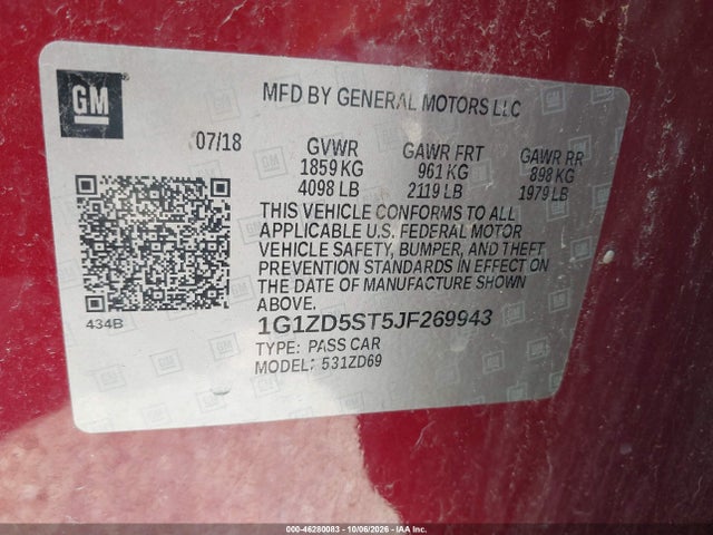 46280083 :رقم المزاد ، 1G1ZD5ST5JF269943 vin ، 2018 Chevrolet Malibu Lt مزاد بيع