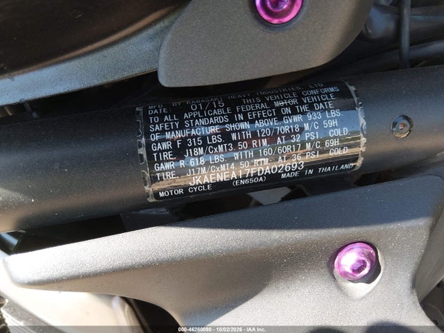 46280090 :رقم المزاد ، JKAENEA17FDA02693 vin ، 2015 Kawasaki En650 A مزاد بيع