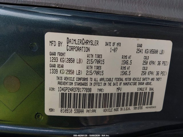 46280120 :رقم المزاد ، 1D4GP24R37B177898 vin ، 2007 Dodge Grand Caravan Se مزاد بيع