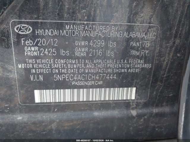 Aukcja sprzedaży 2012 Hyundai Sonata Se, vin: 5NPEC4AC1CH477444, numer aukcji: 46280157