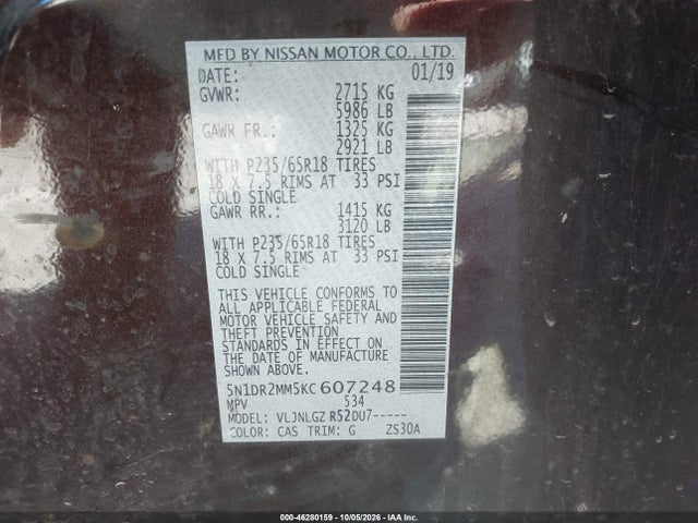 46280159 :رقم المزاد ، 5N1DR2MM5KC607248 vin ، 2019 Nissan Pathfinder S/sl/sv/platinum مزاد بيع