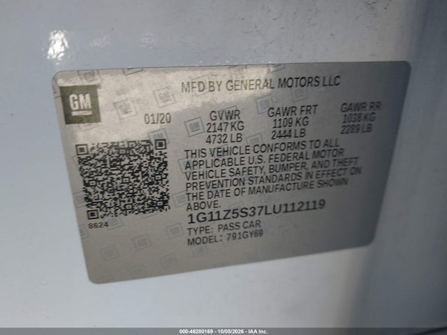 46280169 :رقم المزاد ، 1G11Z5S37LU112119 vin ، 2020 Chevrolet Impala Fwd Lt مزاد بيع