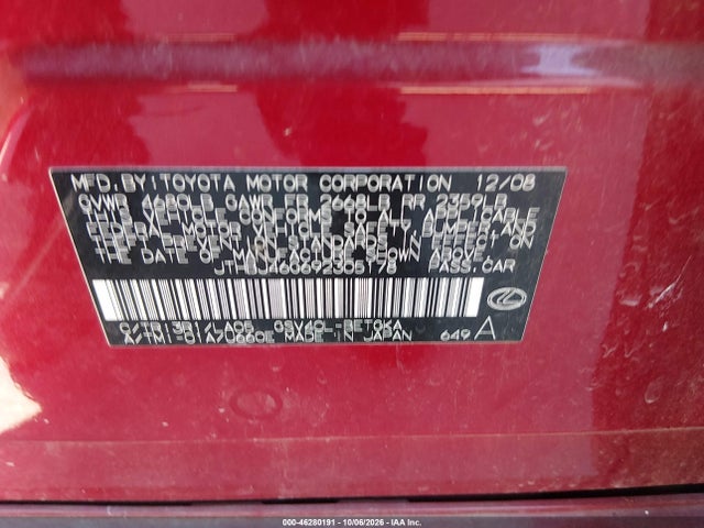 46280191 :رقم المزاد ، JTHBJ46G692305178 vin ، 2009 Lexus Es 350 مزاد بيع