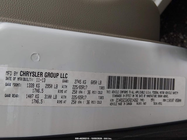 2014 Dodge Grand Caravan Sxt მანქანა იყიდება აუქციონზე, vin: 2C4RDGCGXER214262, აუქციონის ნომერი: 46280215