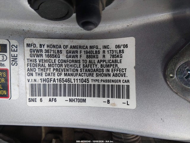 Продаж на аукціоні авто 2006 Honda Civic Lx, vin: 1HGFA16546L111045, номер лоту: 46280248