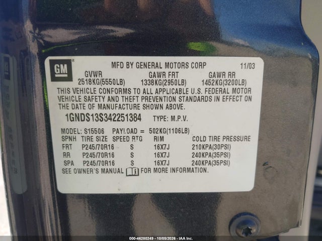 46280249 :رقم المزاد ، 1GNDS13S342251384 vin ، 2004 Chevrolet Trailblazer Ls مزاد بيع