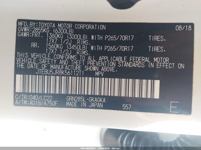 Aukcja sprzedaży 2019 Toyota 4runner Trd Off Road Premium, vin: JTEBU5JR8K5611211, numer aukcji: 46280291