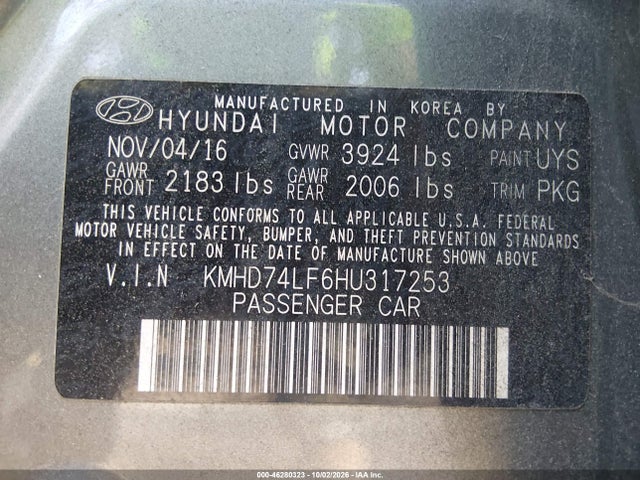 Aukcja sprzedaży 2017 Hyundai Elantra Se, vin: KMHD74LF6HU317253, numer aukcji: 46280323