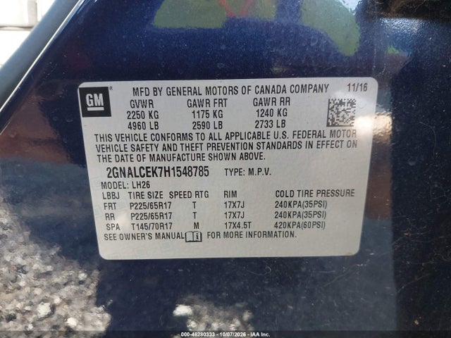 Auction sale of the 2017 Chevrolet Equinox Lt, vin: 2GNALCEK7H1548785, lot number: 46280333