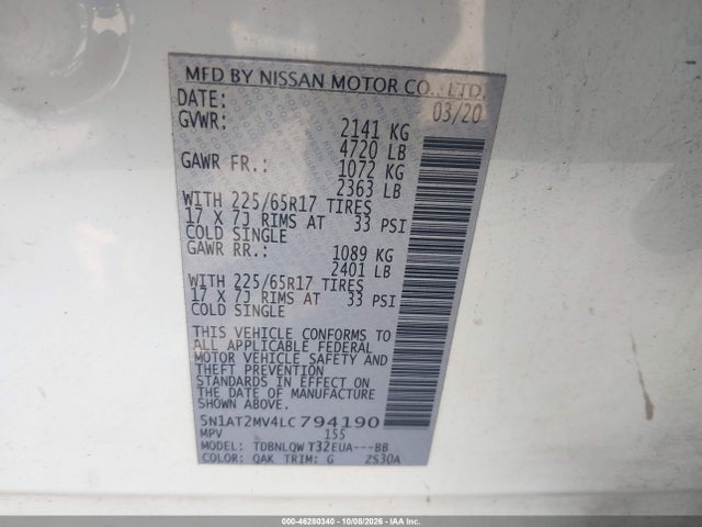 46280340 :رقم المزاد ، 5N1AT2MV4LC794190 vin ، 2020 Nissan Rogue Sv Intelligent Awd مزاد بيع