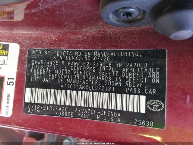 46280342 :رقم المزاد ، 4T1C11AKXLU972181 vin ، 2020 Toyota Camry Le مزاد بيع
